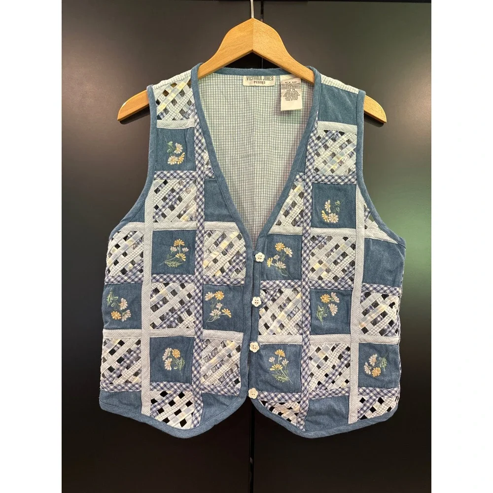 Vintage Victoria Jones Petites Blue Patchwork Embroidered Gingham Vest Large Y2K